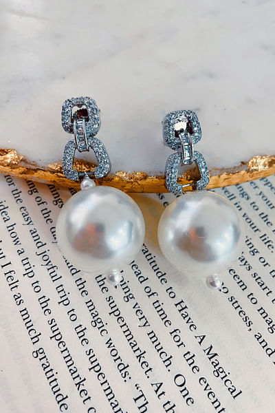 Silver interlink pearl drop earrings
