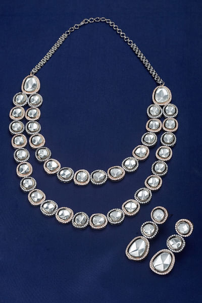 Silver kundan layered long necklace set