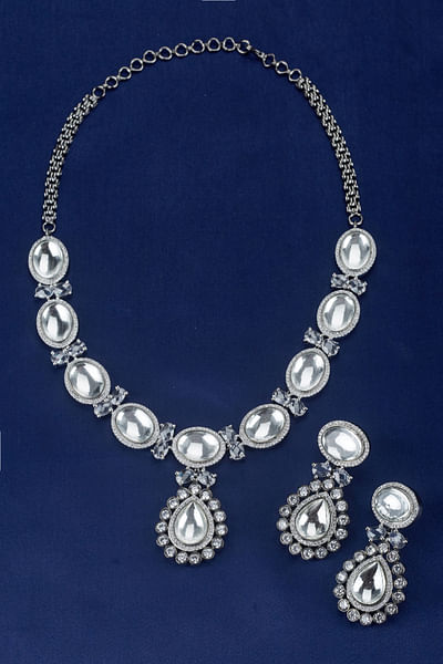Silver kundan long necklace set