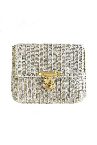 Silver metallic threadwork clutch