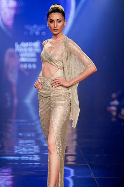 Silver one-shoulder cutout gown