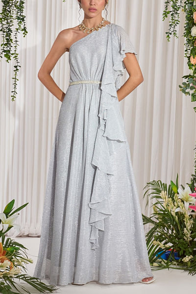 Silver one-shoulder ruffle gown