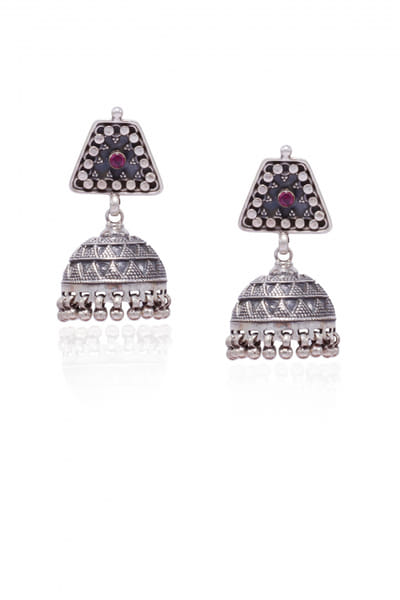 Silver oxidised ruby jhumkas