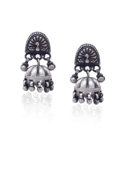 Silver peacock oxidised jhumkas