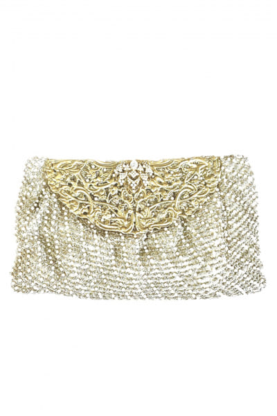 Silver pearl and aari thread detailed clutch