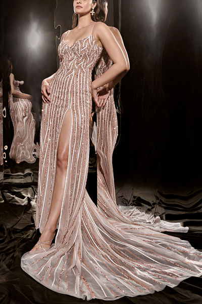 Silver sequin and cutdana embellished trail gown