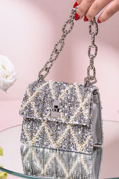 Silver sequin embellished mini handbag