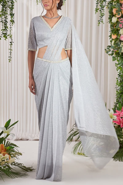 Silver stone embellished sari set