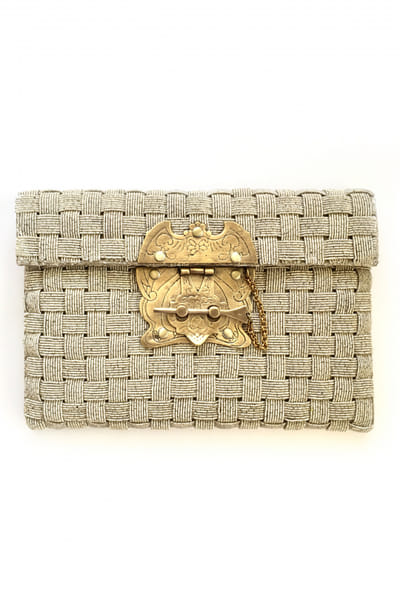 Silver zardozi embroidery woven clutch