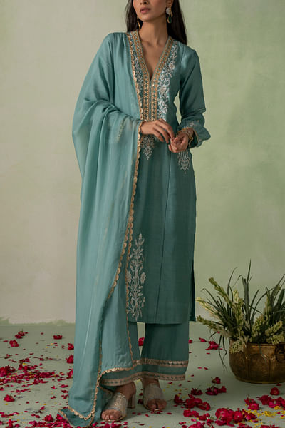 Sky blue floral embroidered kurta set