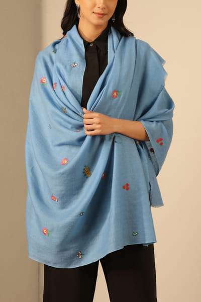 Sky blue floral motif pashmina shawl