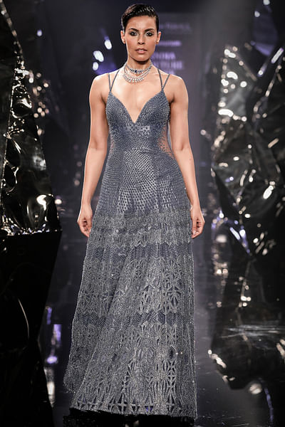 Slate blue metallic embroidered gown
