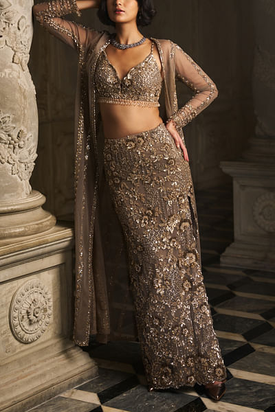 Slate floral sequin embroidery skirt set