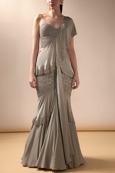 Slate grey crystal embellished concept sari set