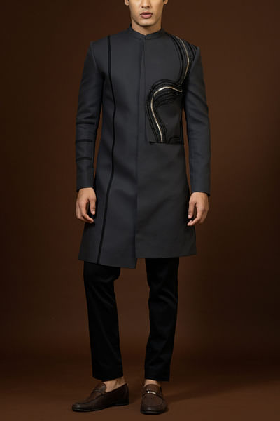 Slate grey embroidered achkan set