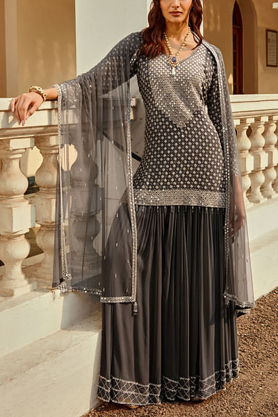 Smoke gray embellished sharara set