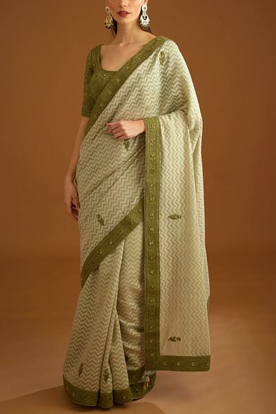 Smoke green chevron chanderi sari set