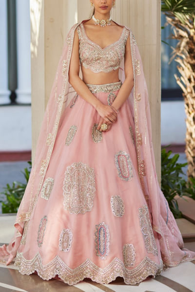 Soft berry aari and zardozi motif embroidered lehenga set