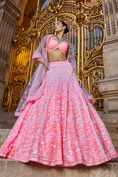 Soft pink geometric sequin embellished lehenga set