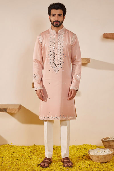 Soft pink mirror embroidered kurta set