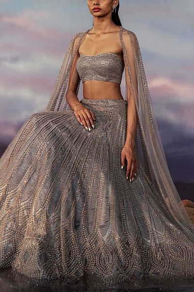 Space grey 3D embellished and cord detailed tube lehenga set