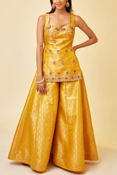 Shyam Narayan Prasad Spectra yellow embroidered sharara set SNPMAR202326