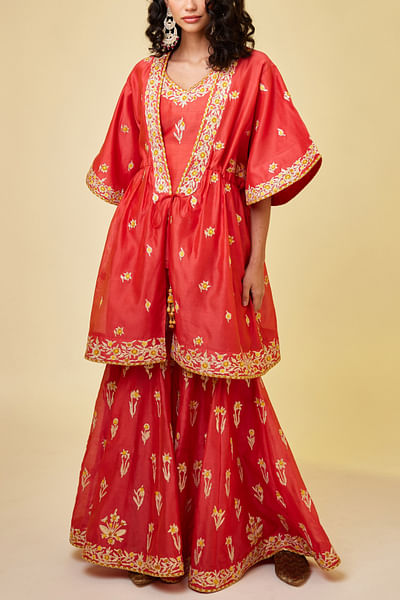 Spicy orange embroidered sharara set