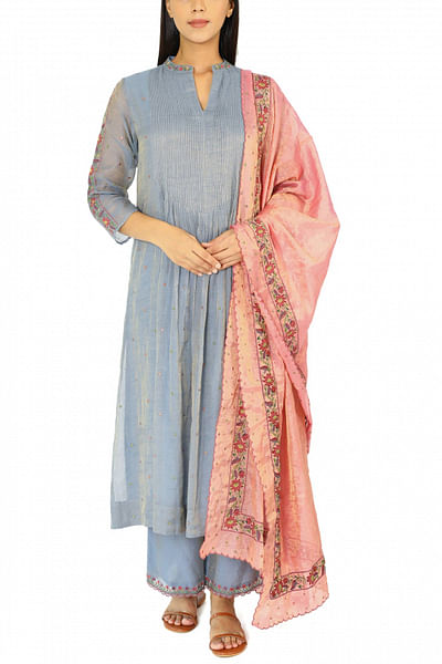 Steel blue embroidered pintuck tunic set