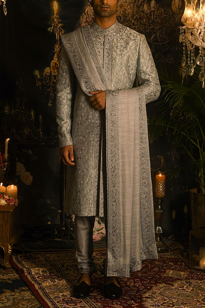 Steel floral embroidery sherwani set