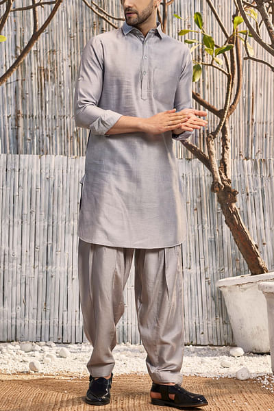 Steel grey tonal chanderi pathani set