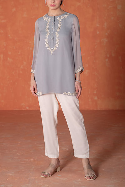 Stone blue floral embroidery tunic