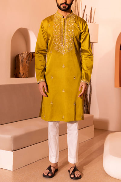 Tan yellow floral embroidery kurta set