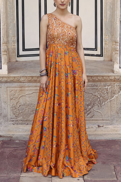 Tangerine floral print one-shoulder dress