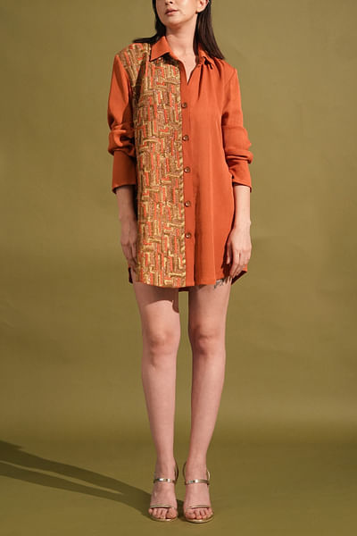 Tangerine metallic embellished short shirt dress