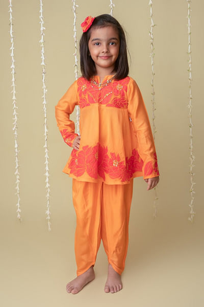 Tangerine orange floral appliqued kurta set