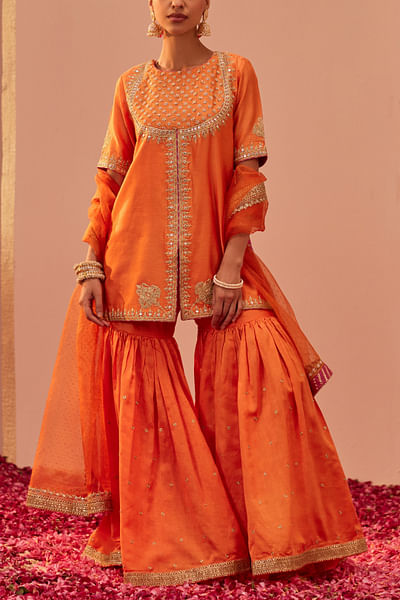 Tangerine orange patra embroidered gharara set