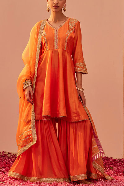 Tangerine orange patra embroidery gharara set
