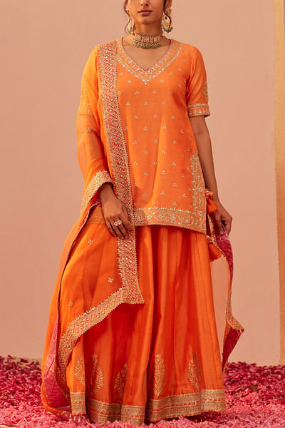 Tangerine orange patra embroidery lehenga set