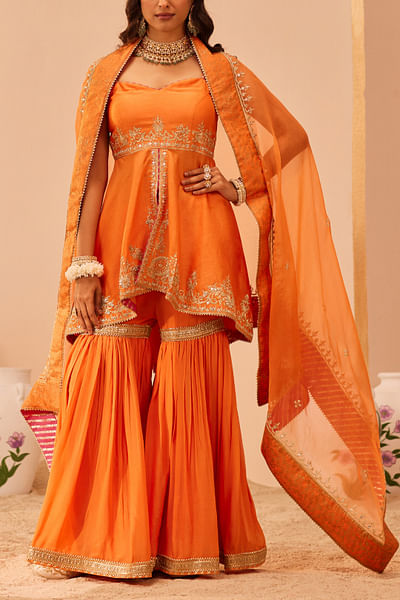 Tangerine orange tilla embroidery gharara set