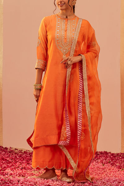 Tangerine orange tilla embroidery kurta set