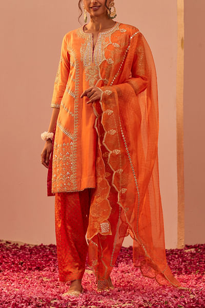 Tangerine orange tilla embroidery short kurta set
