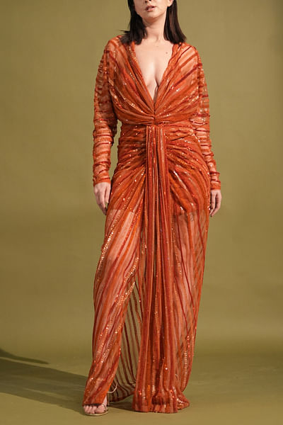 Tangerine sequin embellishment draped maxi dress