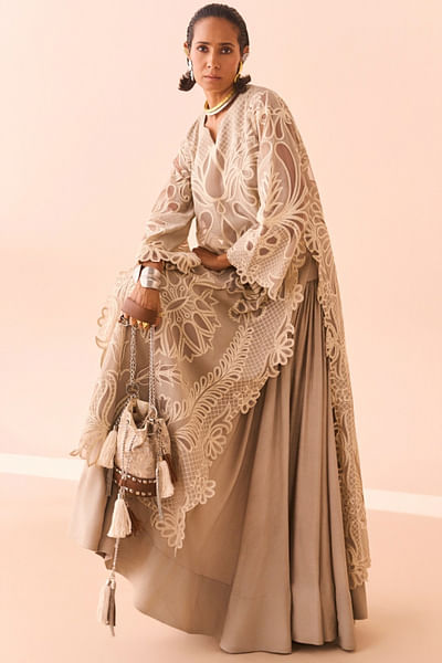 Taupe appliqued kurta and lehenga set