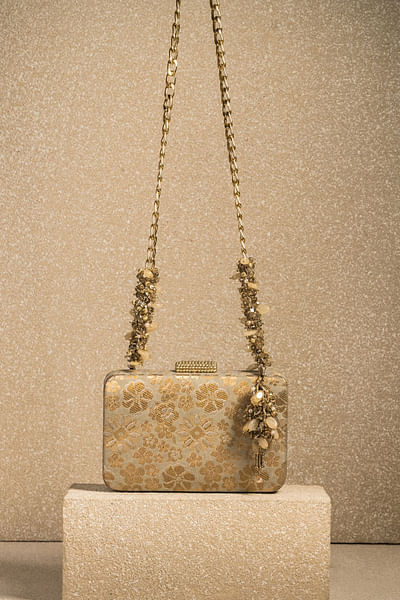 Taupe embellished floral brocade bag