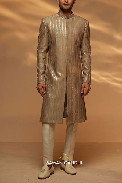 Taupe embellished sherwani
