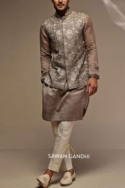 Taupe embroidered Nehru jacket set