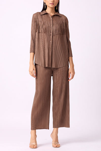 Taupe fringed pleated co-ords