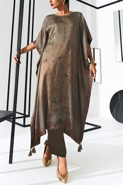Taupe grey printed kaftan set