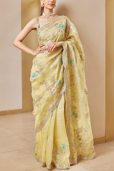 Taupe lemon aari and zardozi applique sari set