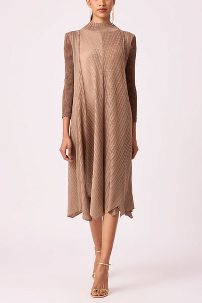 Taupe micro pleated panel dress
